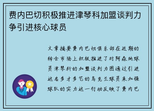费内巴切积极推进津琴科加盟谈判力争引进核心球员