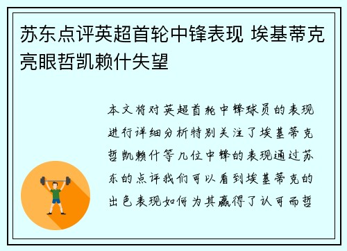 苏东点评英超首轮中锋表现 埃基蒂克亮眼哲凯赖什失望